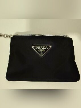 Prada Black Nylon Key and cardholder Pouch with Silver Triangle Logo
